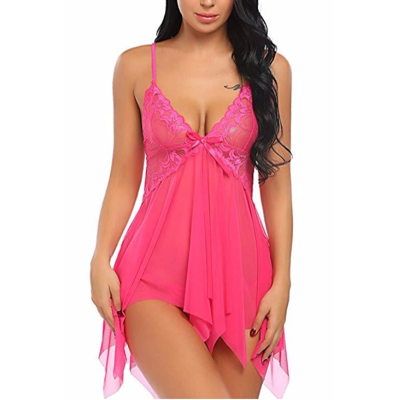 Γυναικεία σέξι εσώρουχα Lace Babydoll V λαιμό Sleepwear Strap Chemise σε διάφορα χρώματα rose-team