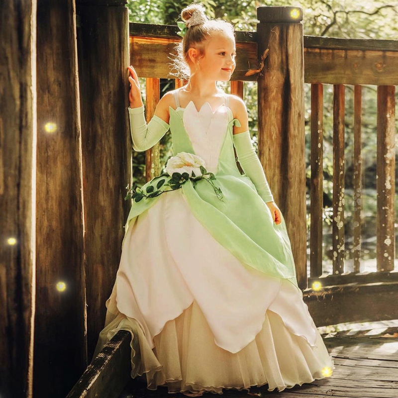 Το κοστούμι πριγκίπισσας βάτραχος για παιδιά κορίτσια tiana ταινία cosplay carnival ντύνονται πριγκίπισσα ρόλο παίζοντας φορέματα