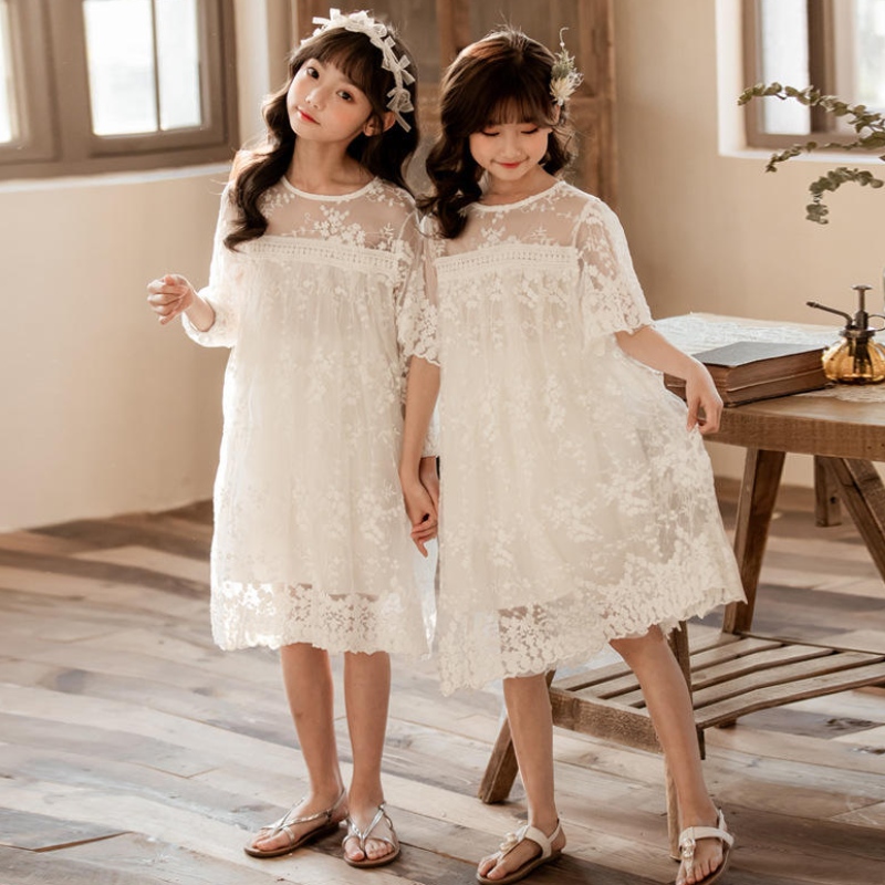Νέο καλοκαίρι βαμβάκι καθαρό νήμα δαντέλα κορίτσια φορέματα παιδιά φούστα παιδιά ρούχα 3-14 ετών λευκό πριγκίπισσα φόρεμα