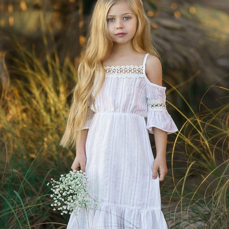 Παιδικά καλοκαίρι Off-shoulder κορίτσια φόρεμα λευκό ροζ ruffle φορέματα παραλία παιδιά Πριγκίπισσα παράνυμφος