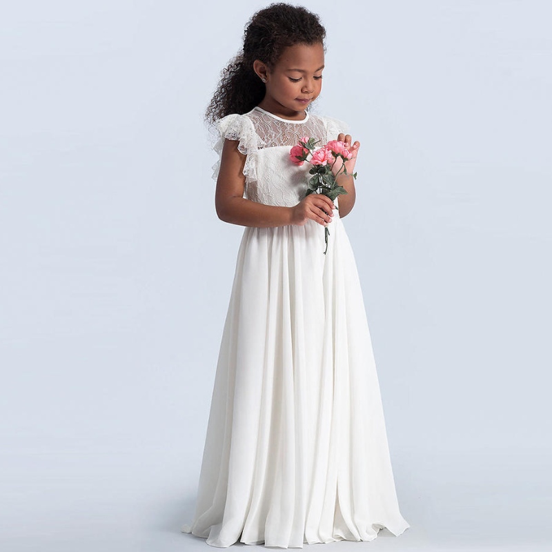 Κορίτσια δαντέλα maxi φόρεμα παιδιά ruffle sleeve princess tulle φορέματα bridesmaid first communion Κορίτσια λουλουδιών με λουλούδι