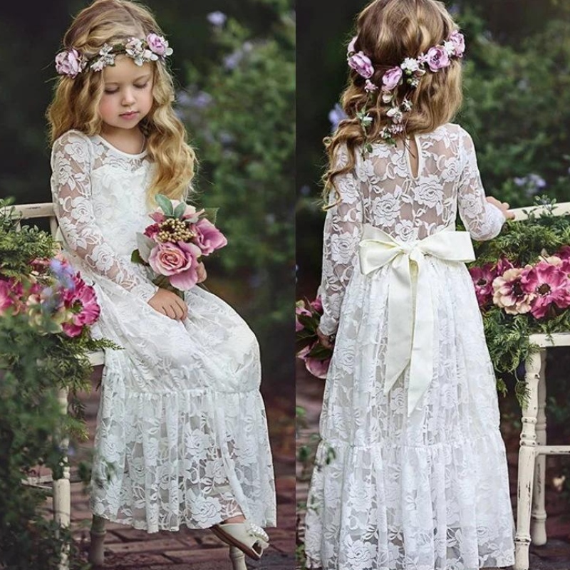Καλοκαίρι κορίτσι γαμήλια δαντέλα μακριά φόρεμα ηλικία 2-12 πριγκίπισσα φορέματα μεγάλο τόξο bridesmaid γαμήλια για κορίτσια λουλουδιών