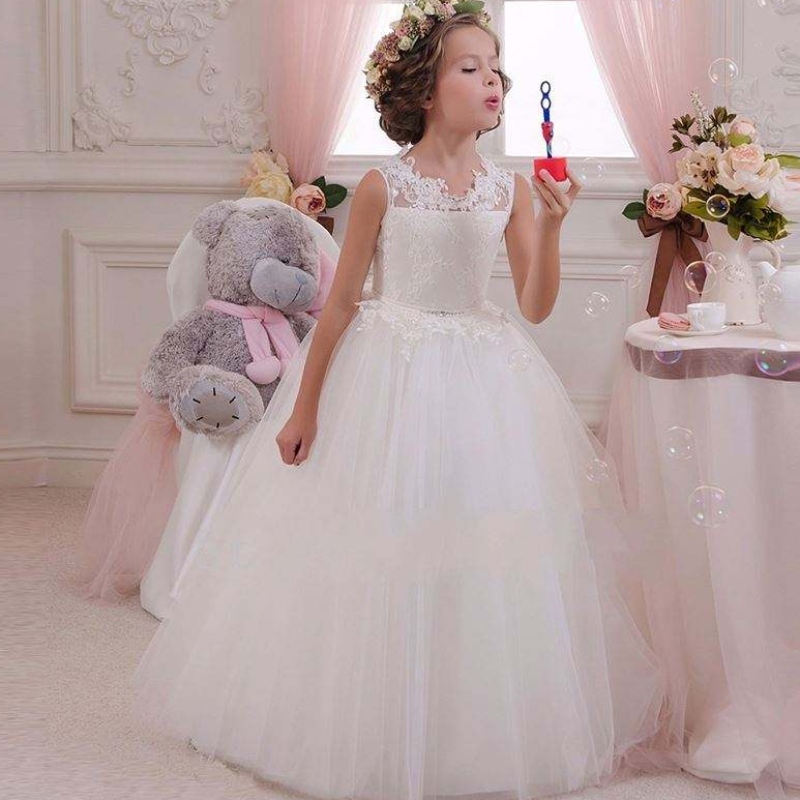 Baige White Wedding Elegant Girl Dress Summer Kids Baby Gowns