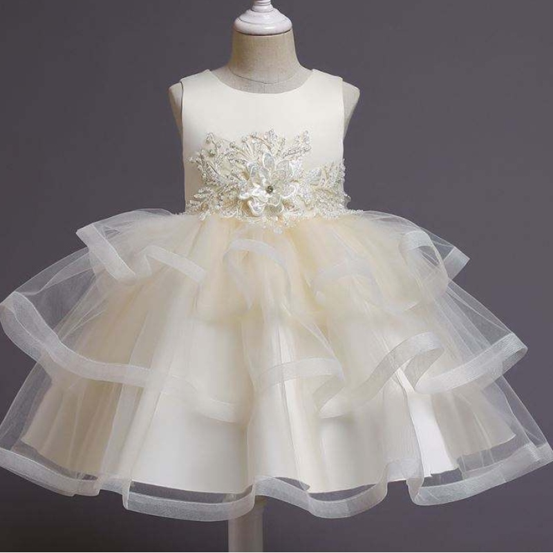 Baige Flower Girl Dress Kids Party Party Baby Tutu Princess Dress με ρούχα γενεθλίων γόνατος χάντρα