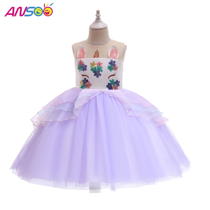 Ansoo Unicorn Princess Flower Girl Φόρεμα Χονδρικό Παιδικό Γάμος Φόρεμα Γόνατο Γόνατο Κορίτσια Φορέματα Κόμματος Φορέματα