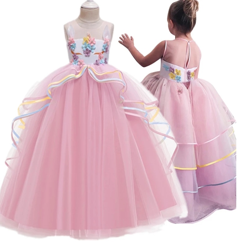Fancy Girl Halloween Unicorn Party Long Dress Princess Girls Costum