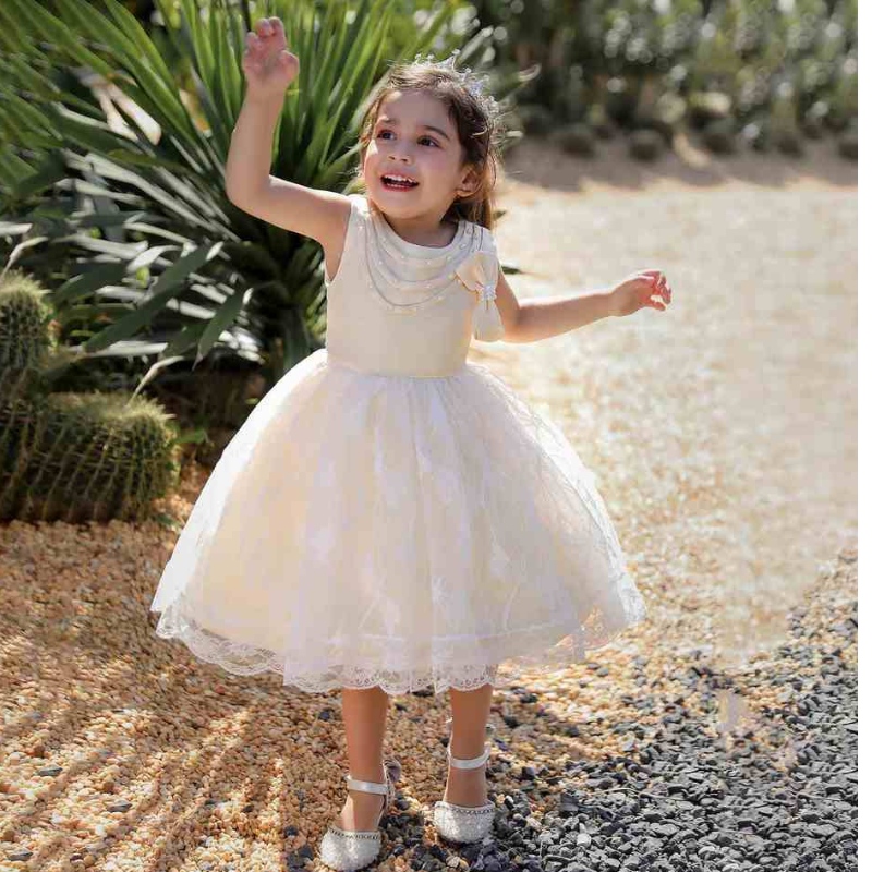 Baige Beaded Bow Knot Party Φόρεμα για κοριτσάκι κοριτσάκι πριγκίπισσα φόρεμα