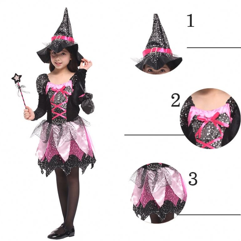 Kid Girls Wand ντύνονται ρούχα Απόκριες κοστούμι μάγισσα αστέρια ασημένια αστέρια τυπωμένο φόρεμα cosplay με αιχμηρό καπέλο