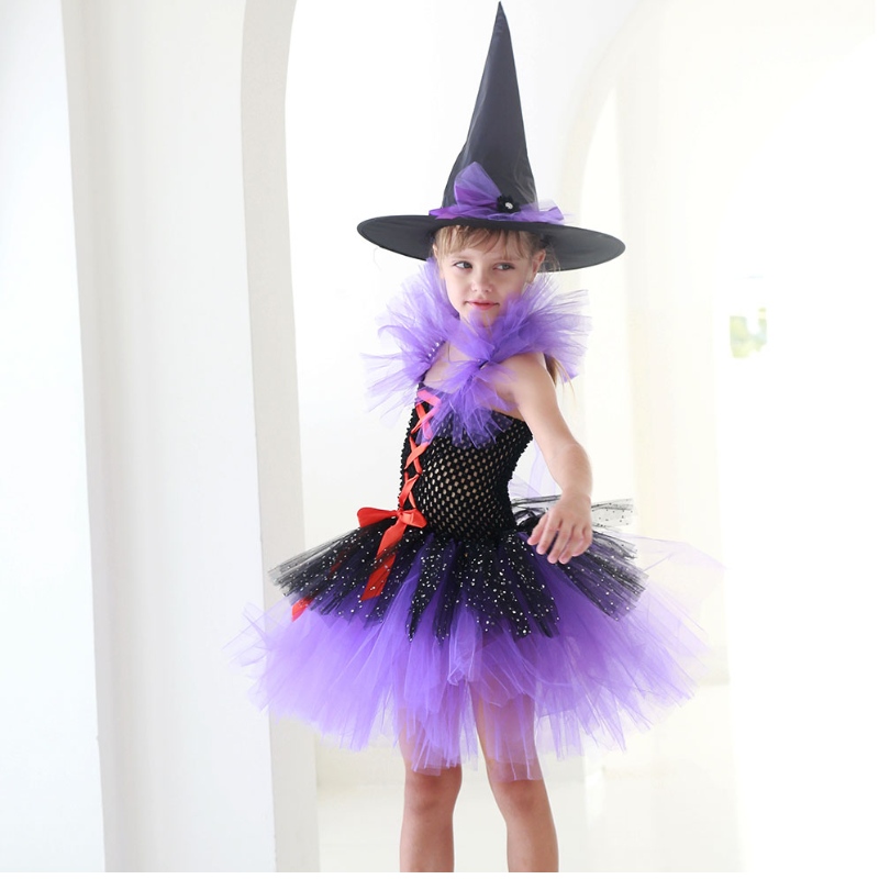 Amazon Hot Selling Tutu Witch Φόρεμα Φόρεμα για κορίτσια με μάγισσα καπέλο Halloween Carnival Party